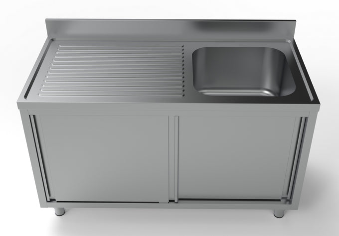 Plonge évier portes coulissantes à droite inox 500x700x300 mm Combisteel - vue 2 - Table inox avec étagère pro CHR - Cuistéo