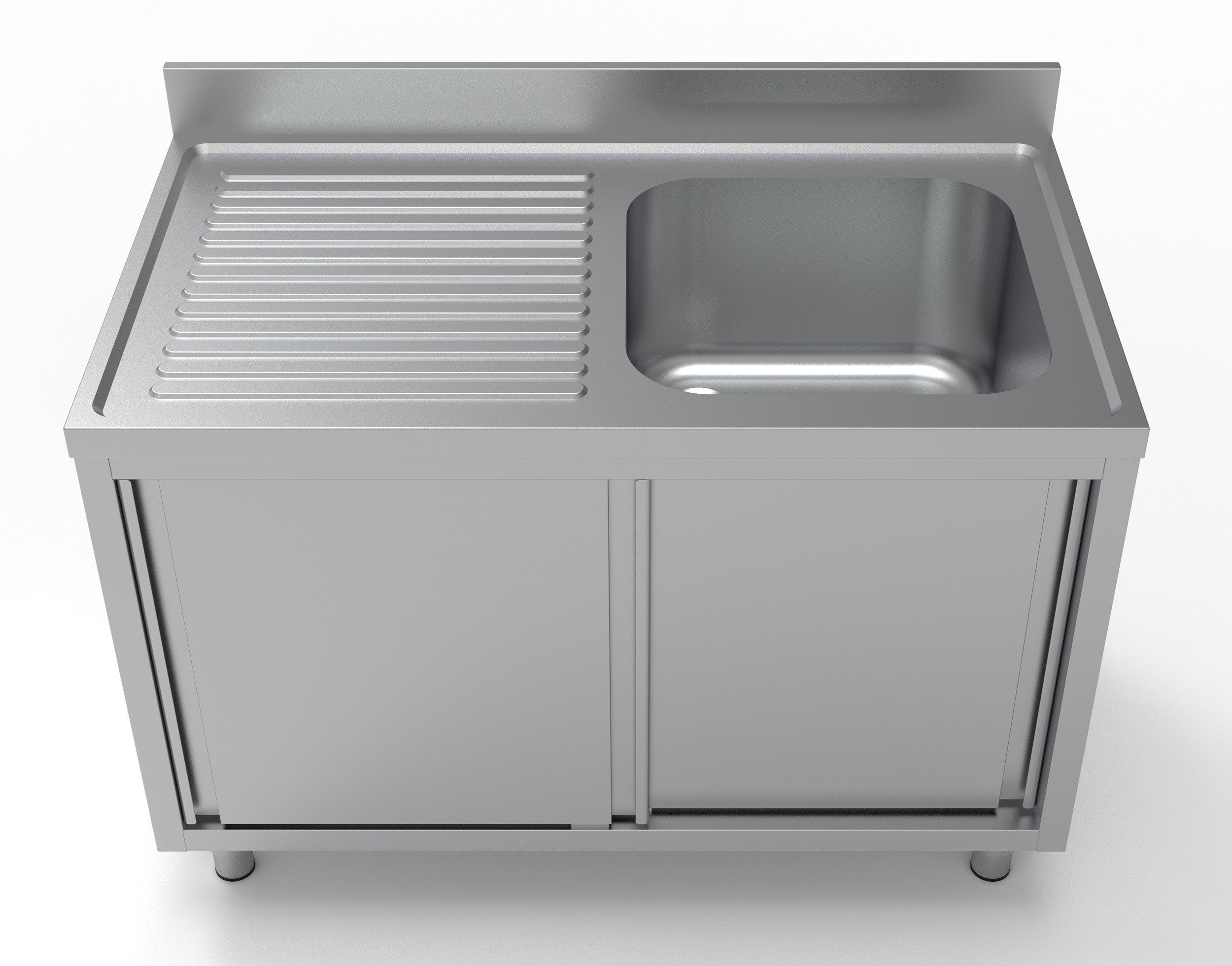 Bloc évier portes - bac à droite 1200x700 Combisteel - vue 2 - Table inox avec étagère pro CHR - Cuistéo