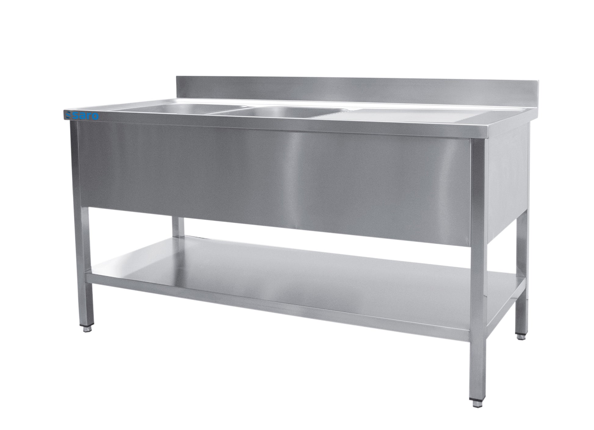 Évier Inox - 1200x700x850mm - 2 Bacs Gauche - Sans Étagère - Dosseret Saro - Table inox avec étagère professionnel CHR - matériel cuisine pro - Cuistéo
