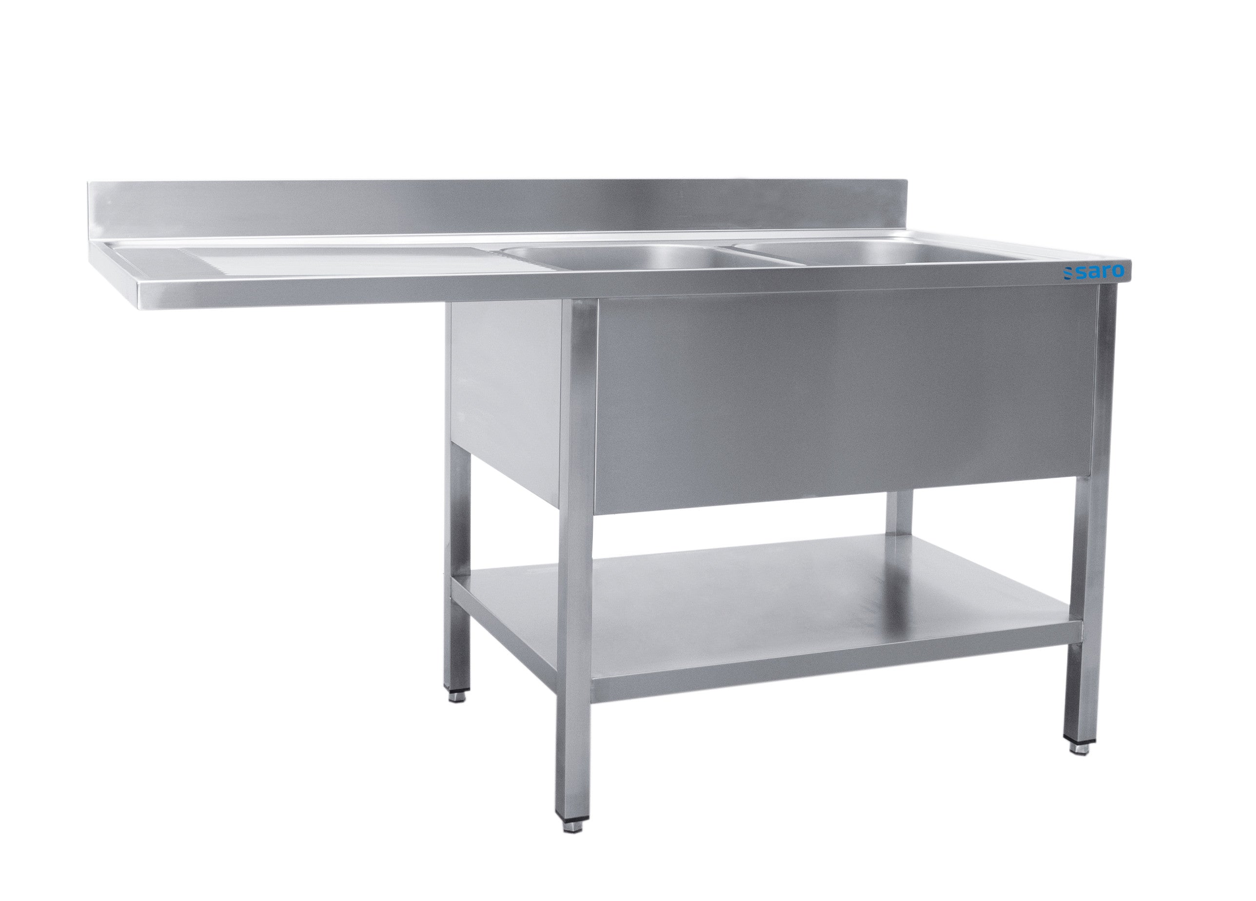 Station Évier - 1800x600x850mm - 2 Bacs Droite - Étagère Drainage - Dosseret inox Saro - Table inox avec étagère professionnel CHR - matériel cuisine pro - Cuistéo