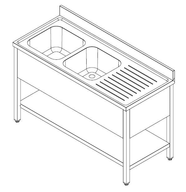 Bloc évier 2 gauche étagère démontable 2000 inox 500x600x250 mm Combisteel - vue 2 - Table inox avec étagère pro CHR - Cuistéo