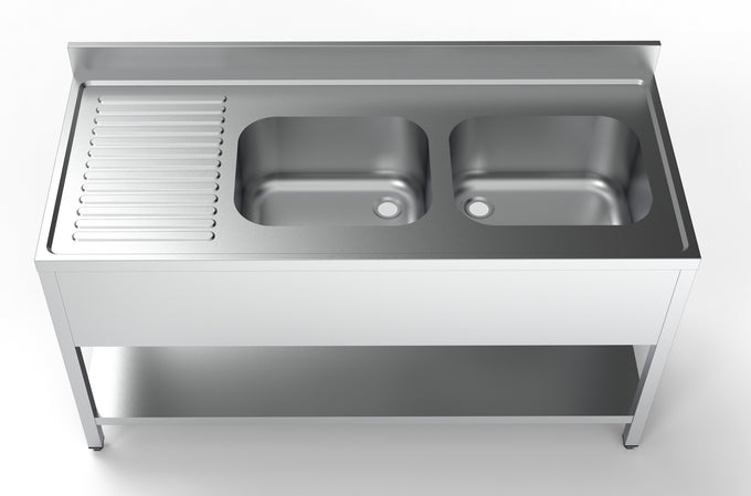 Plonge inox 2 éviers à droite 1 étagère 400x700x250 mm Combisteel - vue 2 - Table inox avec étagère pro CHR - Cuistéo