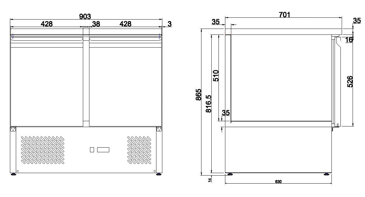 Table réfrigérée 2 portes inox 900x700x875 mm 230 L 0.34 kW Combisteel - vue 4 - Table réfrigérée positive pro CHR - Cuistéo