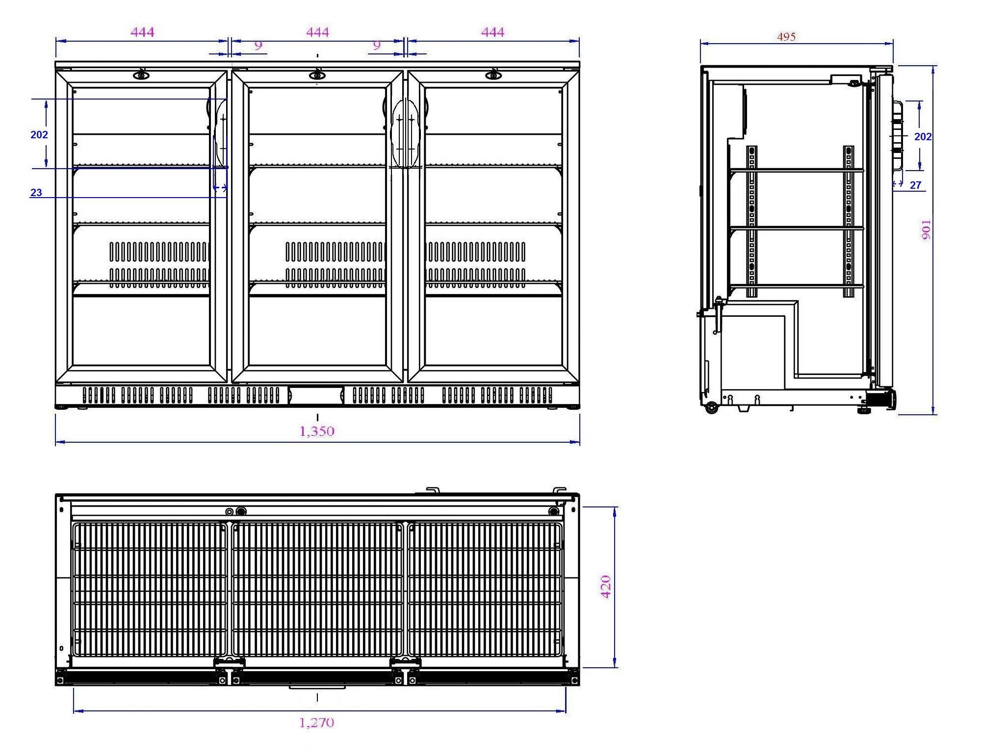 Arrière-bar réfrigéré - 330L - 3 portes - +2/+10°C - LED - 6 grilles - Noir inox 1350x520x900 mm 0.265 kW Combisteel - vue 2 - Arrière-bar réfrigéré pro CHR - Cuistéo