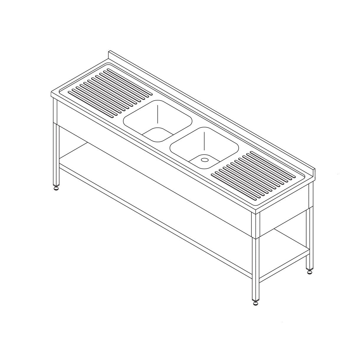 Table de lave-vaisselle - 190 x 70 cm - avec 2 éviers et dosseret - étagère de rangement incluse inox Maxima - Table entrée/sortie professionnel CHR - matériel cuisine pro - Cuistéo