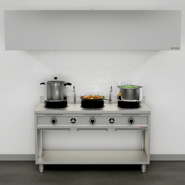 Fourneau wok gaz - 3 feux - 3 x 15 kW - L 1500 x P 600 x H 850/900 mm - Unninox