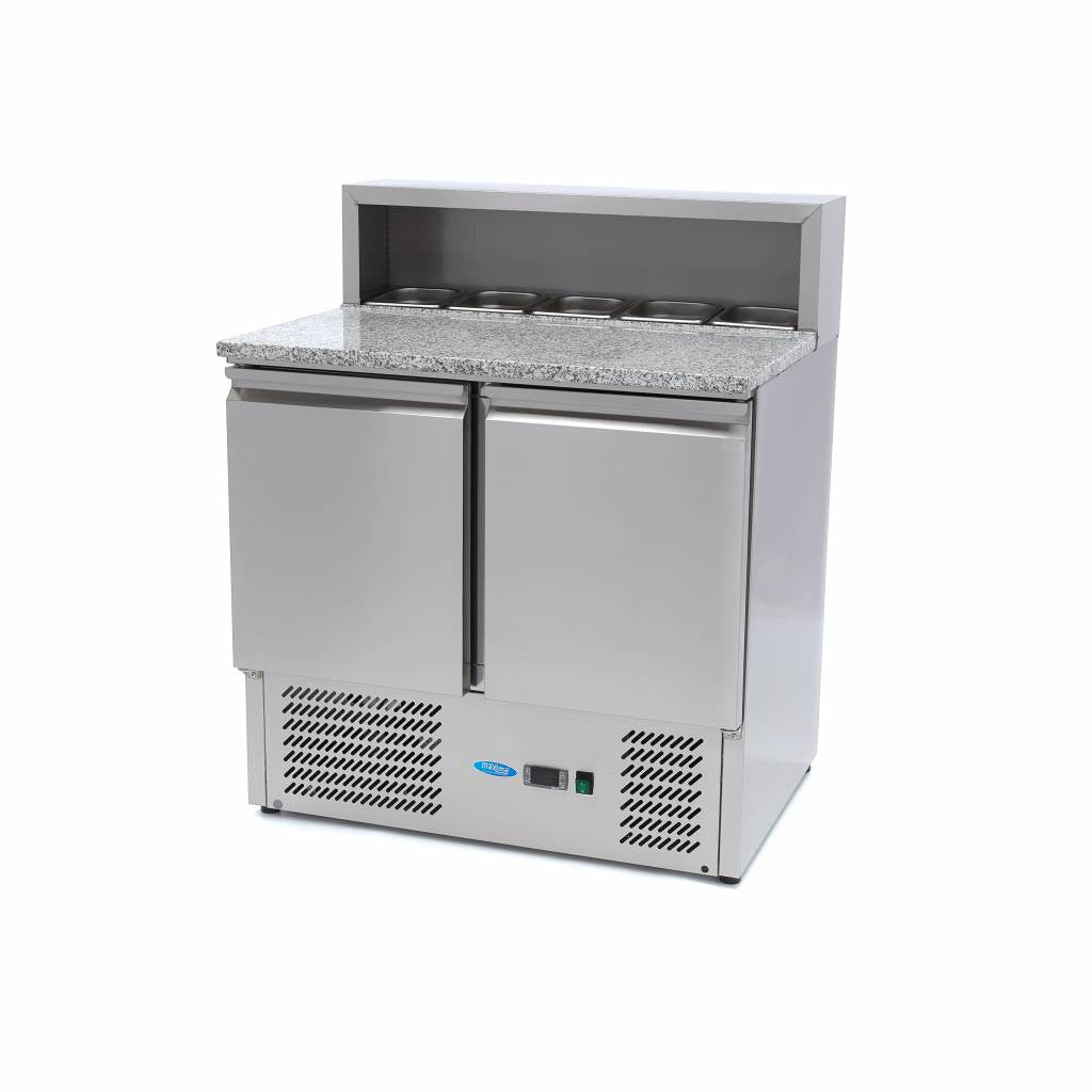 Réfrigérateur professionnel à pizza 90cm - 5 bacs GN 1/6 - 2 portes, inox & granit 285 L 230 W Maxima - Table réfrigérée pizza professionnel CHR - matériel cuisine pro - Cuistéo