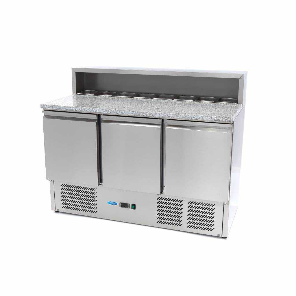 Table à Pizza Réfrigérée 400L - 3 Portes - 8 Bacs GN 1/6 - Plan de Travail Granit inox 230 W Maxima - Table réfrigérée pizza professionnel CHR - matériel cuisine pro - Cuistéo