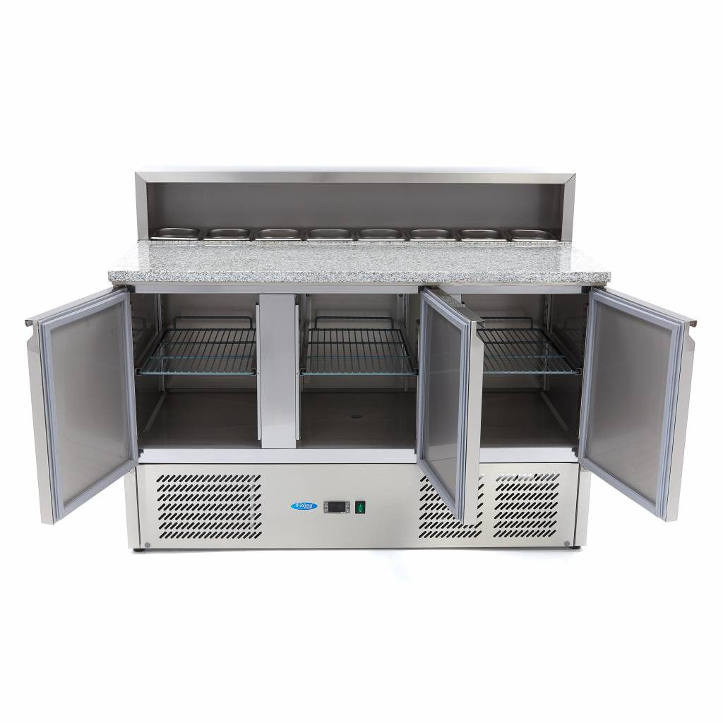 Table à Pizza Réfrigérée 400L - 3 Portes - 8 Bacs GN 1/6 - Plan de Travail Granit inox 230 W Maxima - vue 3 - Table réfrigérée pizza pro CHR - Cuistéo