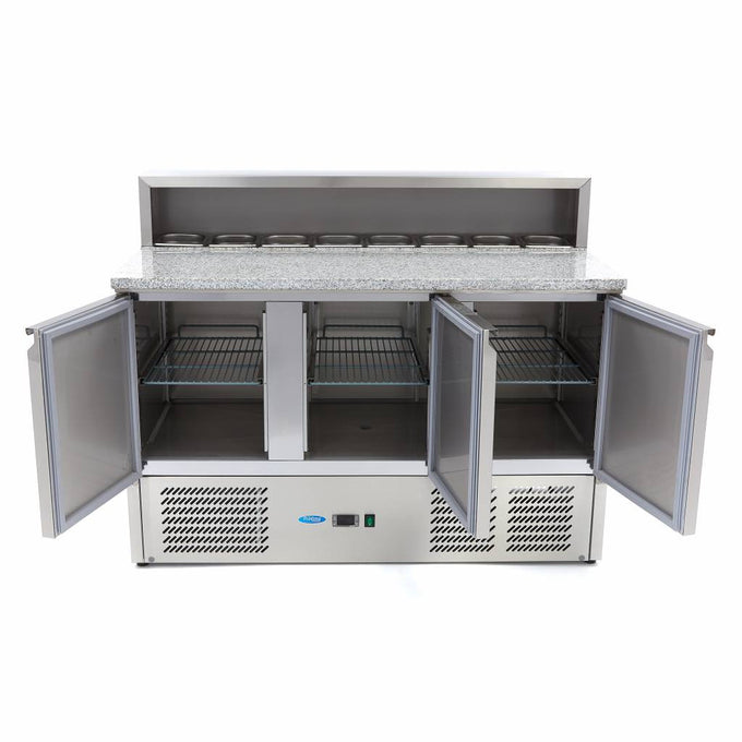 Table à Pizza Réfrigérée 400L - 3 Portes - 8 Bacs GN 1/6 - Plan de Travail Granit inox 230 W Maxima - vue 3 - Table réfrigérée pizza pro CHR - Cuistéo