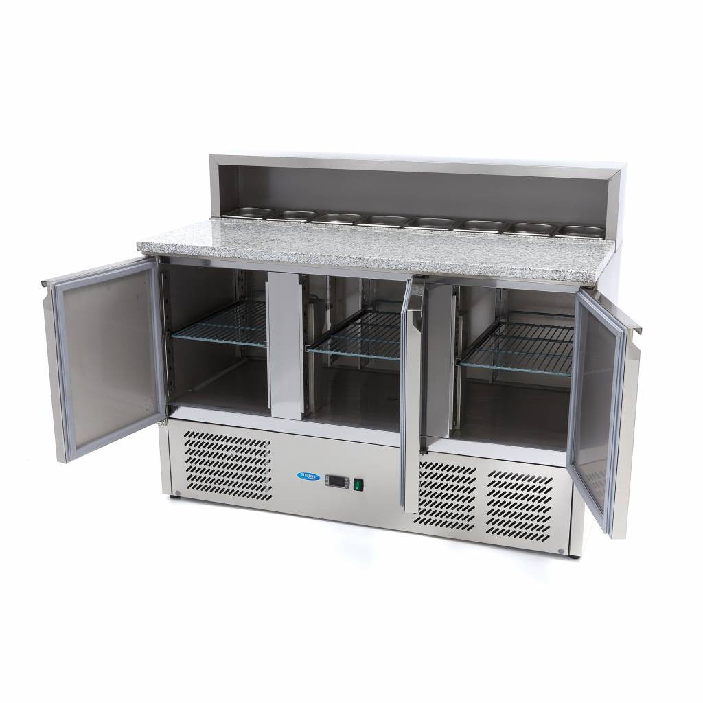 Table à Pizza Réfrigérée 400L - 3 Portes - 8 Bacs GN 1/6 - Plan de Travail Granit inox 230 W Maxima - vue 4 - Table réfrigérée pizza pro CHR - Cuistéo