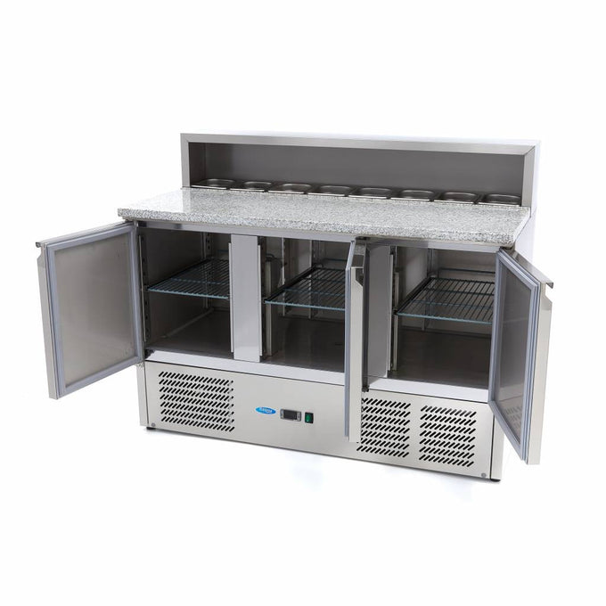 Table à Pizza Réfrigérée 400L - 3 Portes - 8 Bacs GN 1/6 - Plan de Travail Granit inox 230 W Maxima - vue 4 - Table réfrigérée pizza pro CHR - Cuistéo