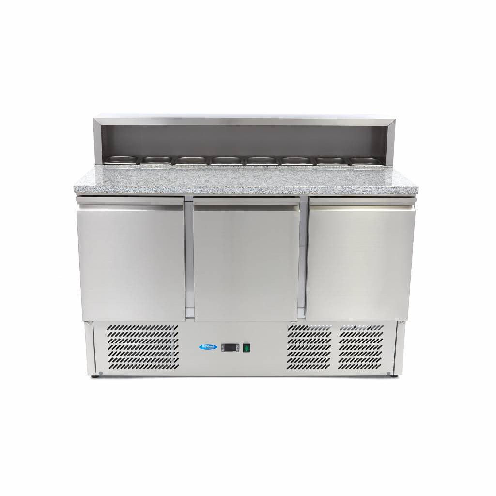 Table à Pizza Réfrigérée 400L - 3 Portes - 8 Bacs GN 1/6 - Plan de Travail Granit inox 230 W Maxima - vue 5 - Table réfrigérée pizza pro CHR - Cuistéo