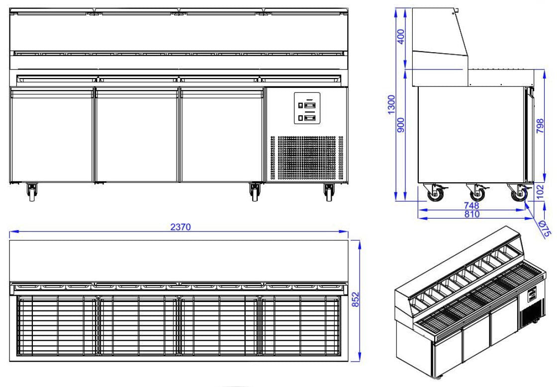Table préparation pour pizza 3 portes inox 2370x850x1360 mm 720 L 0.3 kW Combisteel - vue 3 - Table réfrigérée pizza pro CHR - Cuistéo