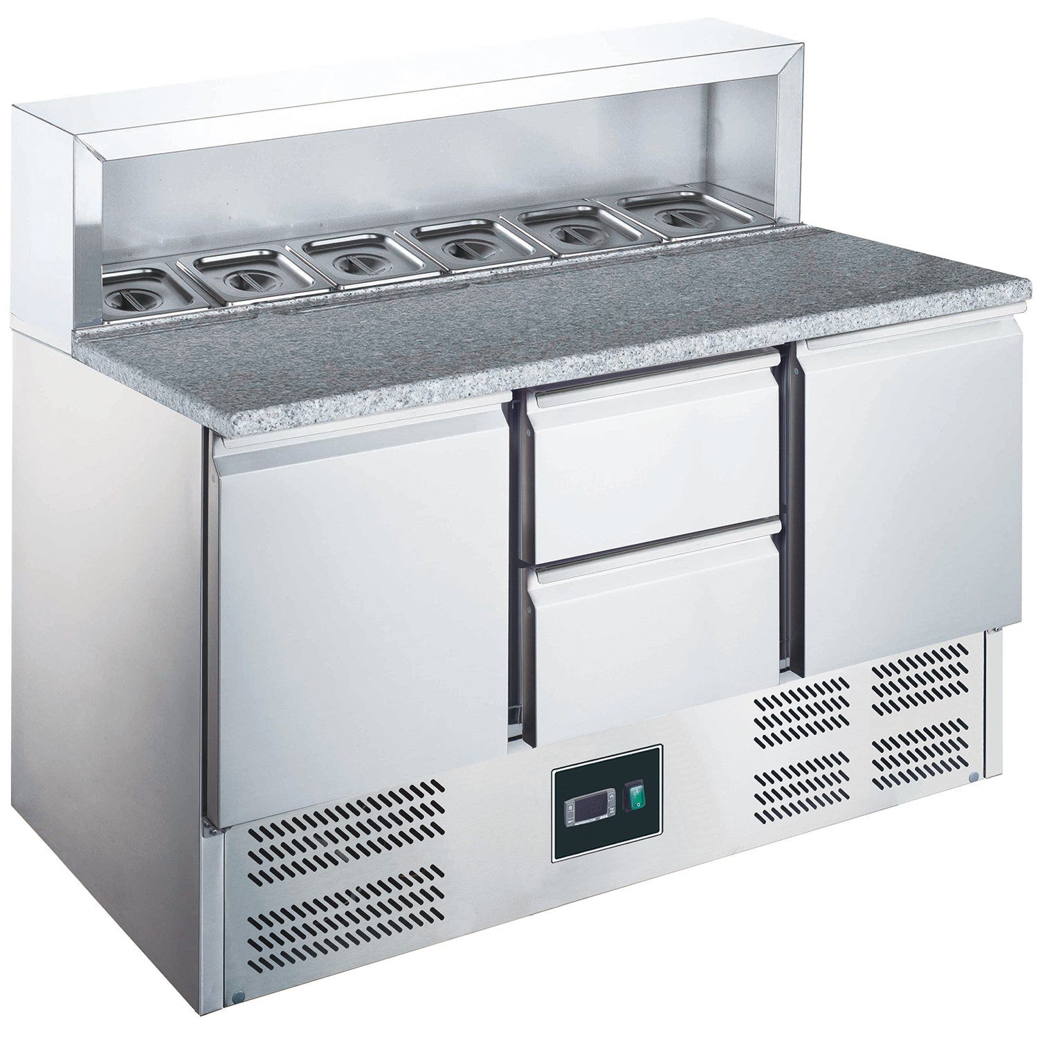 Table pizza - 2 portes - 2 tiroirs - GN1/6 inox 350 L Saro - Saladette Pizza professionnel CHR - matériel cuisine pro - Cuistéo