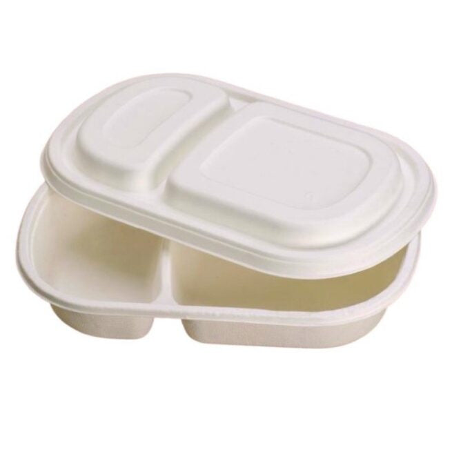 Barquette jetable à deux compartiments 690 ml avec Couvercle jetable inclus, lot de 50 - Ecobioshopping