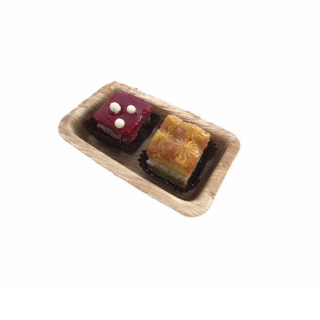 Barquette rectangle jetable 12 × 7 cm en feuille de palmier, lot de 400 - Ecobioshopping
