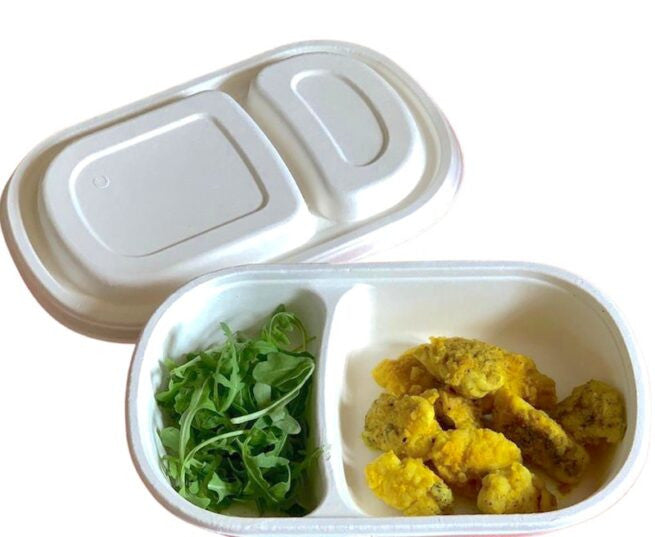 Barquette jetable à deux compartiments 690 ml avec Couvercle jetable inclus, lot de 200 - Ecobioshopping