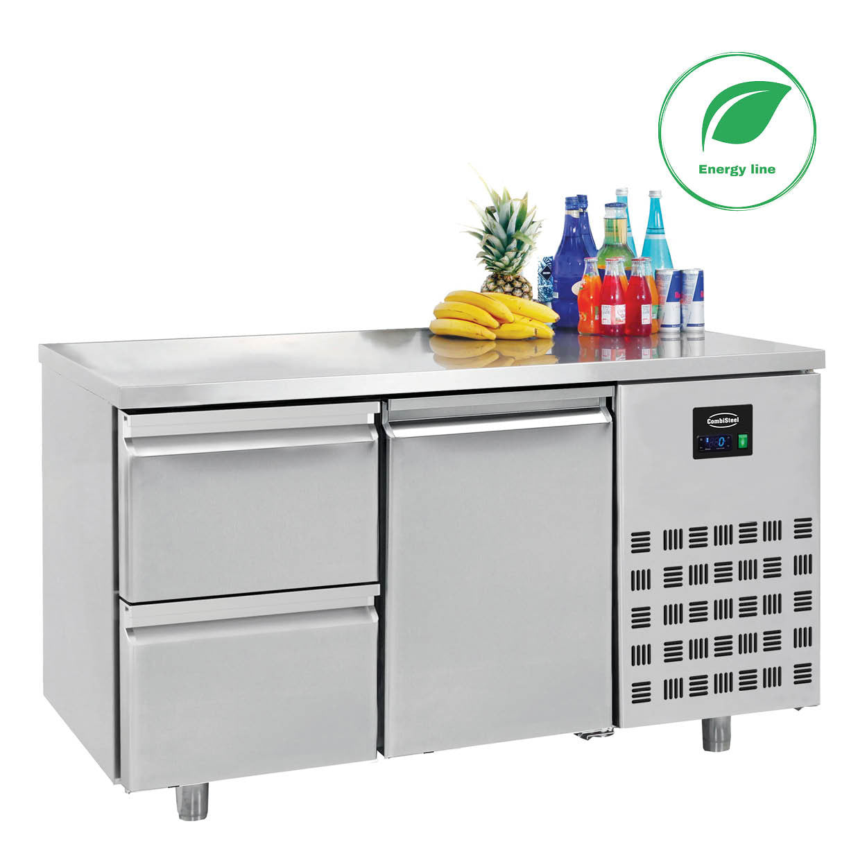 Table réfrigérée 1 porte 2 tiroirs Energy line inox 1400x700x850 mm 281 L 0.213 kW Combisteel - Table réfrigérée positive professionnel CHR - matériel cuisine pro - Cuistéo