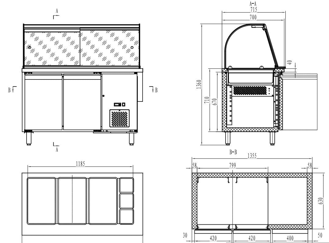 Table réfrigérée vitrée 2 portes 3x GN 1/1 + 3x GN 1/6 inox 1360x700x1365 mm 314 L 0.2 kW Combisteel - vue 3 - Saladette réfrigérée pro CHR - Cuistéo
