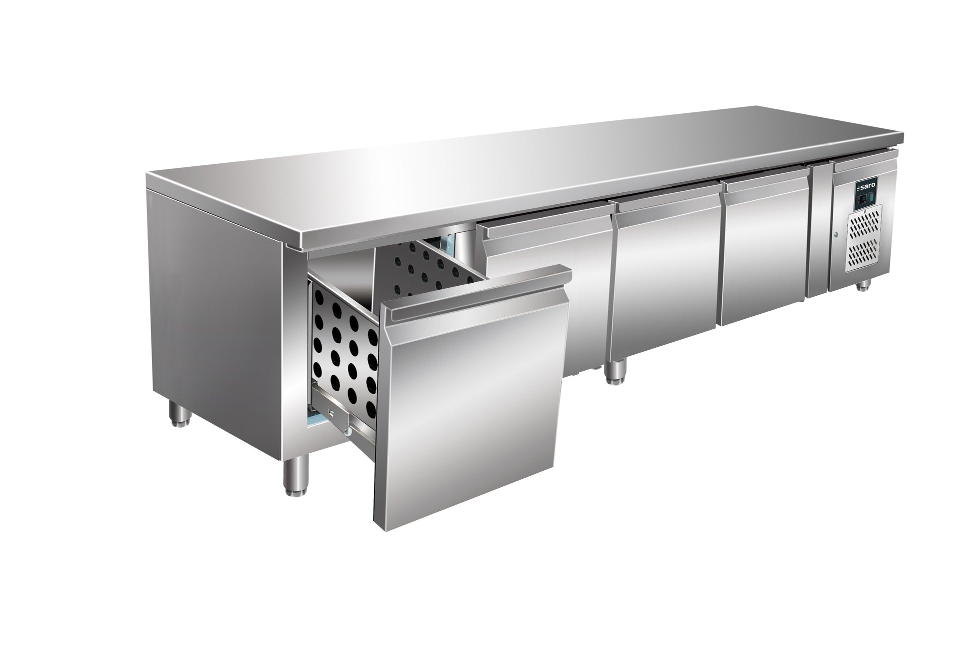 Réfrigérateur Sous-plan - 4 Tiroirs - 420 L - 2/+8°C - R600a - 0.350 kW - UGN 4100 TN-4S inox Saro - Soubassement Réfrigéré professionnel CHR - matériel cuisine pro - Cuistéo