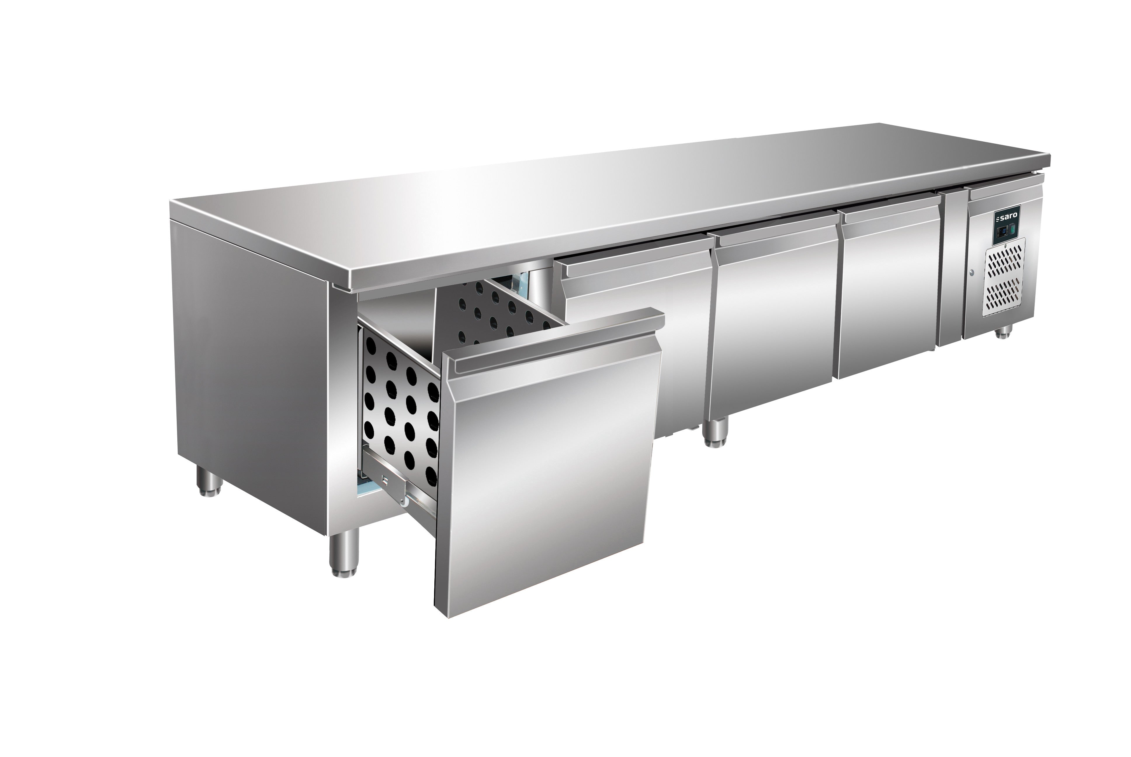 Réfrigérateur Sous-plan - 4 Tiroirs - 420 L - 2/+8°C - R600a - 0.350 kW - UGN 4100 TN-4S inox Saro - Soubassement Réfrigéré professionnel CHR - matériel cuisine pro - Cuistéo