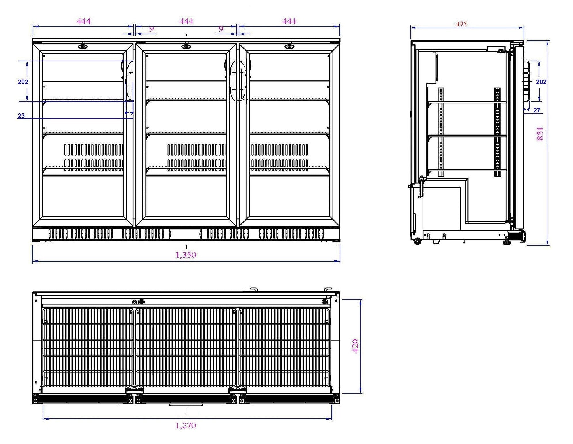 Arrière bar réfrigérée 3 portes noir 1350x520x850 mm 320 L 0.265 kW Combisteel - vue 2 - Arrière-bar réfrigéré pro CHR - Cuistéo
