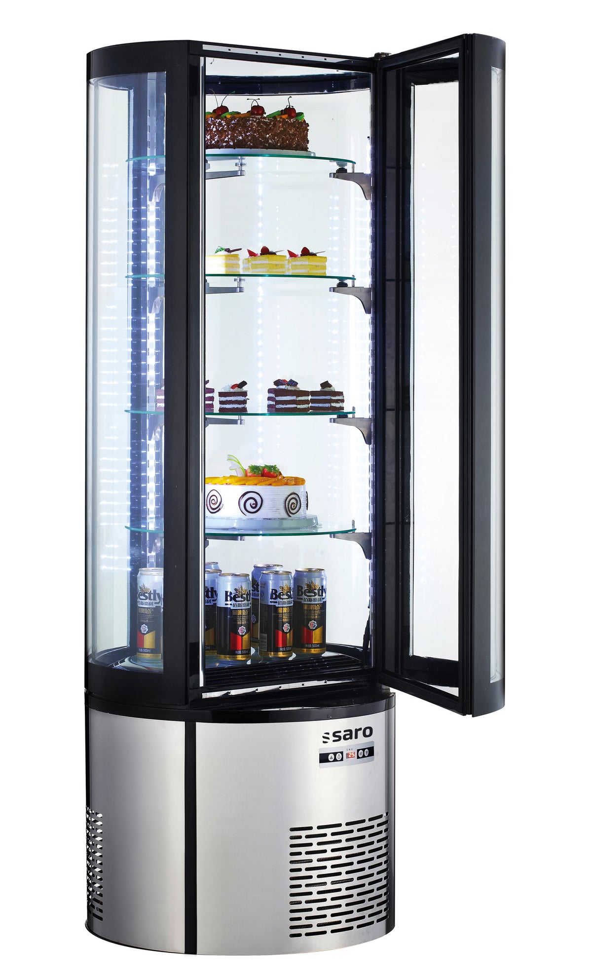Vitrine à gâteaux - 360L - Température +2/+8°C - Étagère rotative - Éclairage LED inox Saro - Vitrine réfrigérée 4 faces professionnel CHR - matériel cuisine pro - Cuistéo