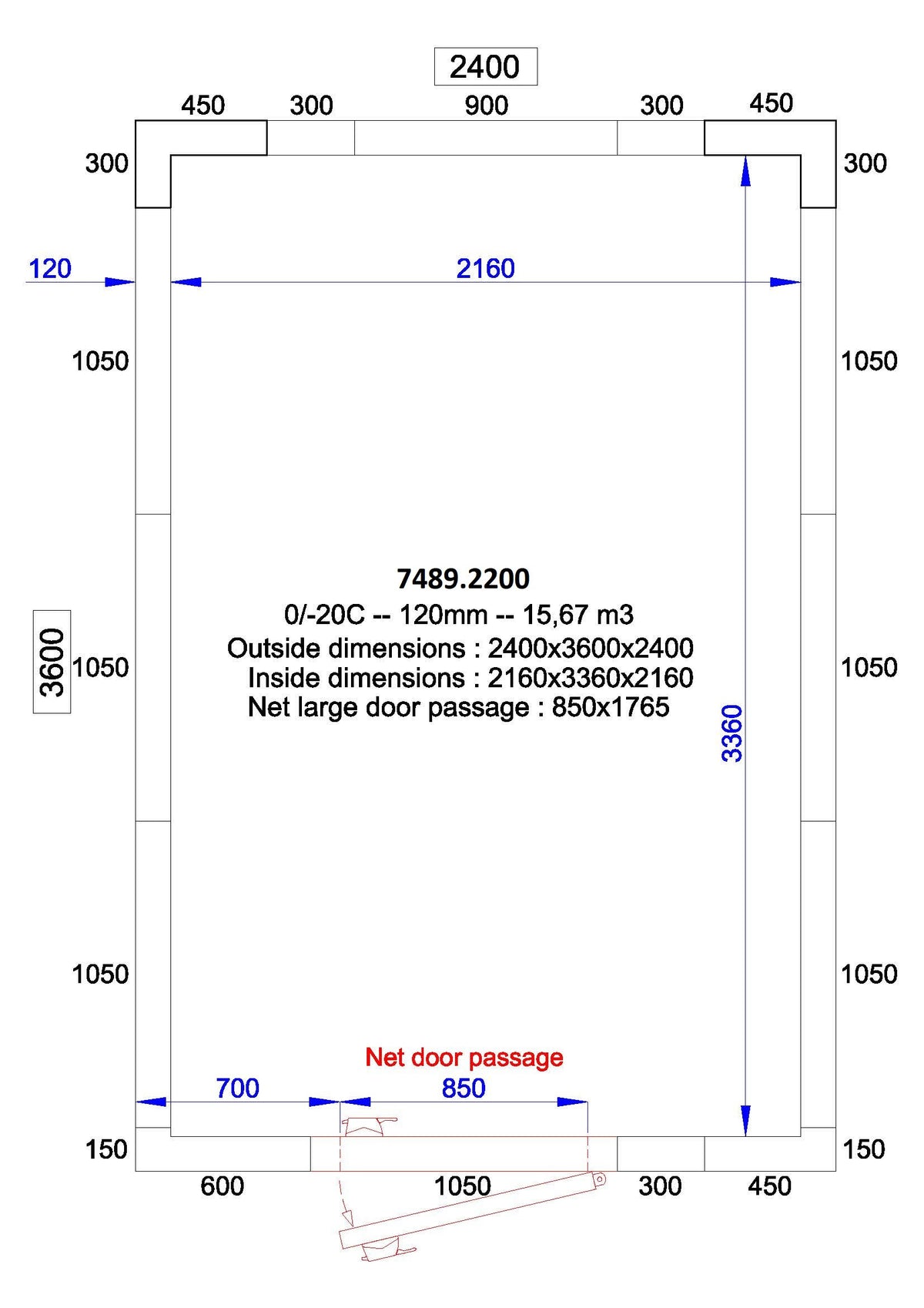 Chambre froide positive/negative 2400x3600x2400 - 120 mm 15.6 L Combisteel - Chambre Froide Positive professionnel CHR - matériel cuisine pro - Cuistéo