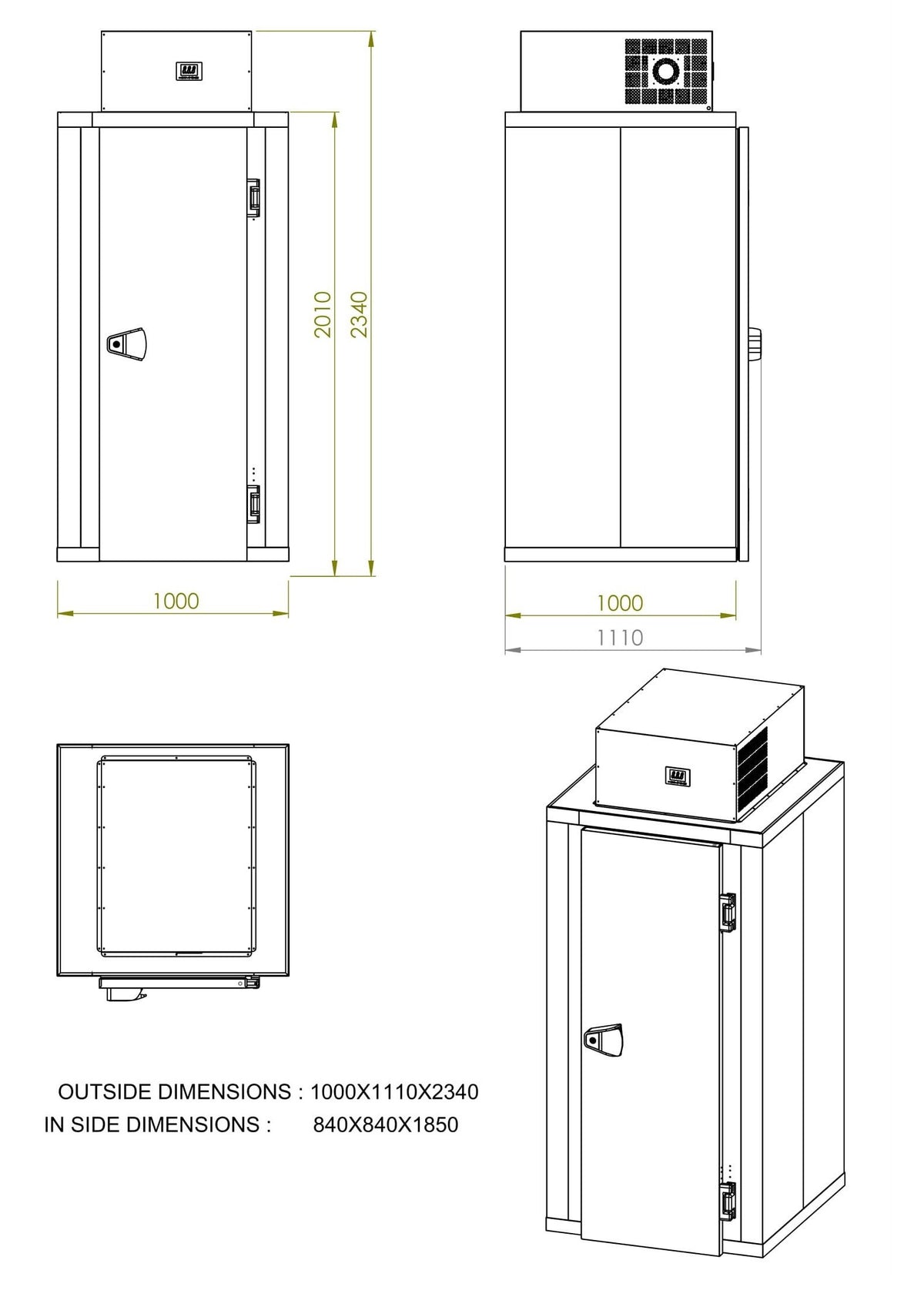 Mini chambre frigorifiques négatif 1000x1000x2340 mm 1300 L 1.1 kW Combisteel - vue 3 - Chambre Froide Négative pro CHR - Cuistéo