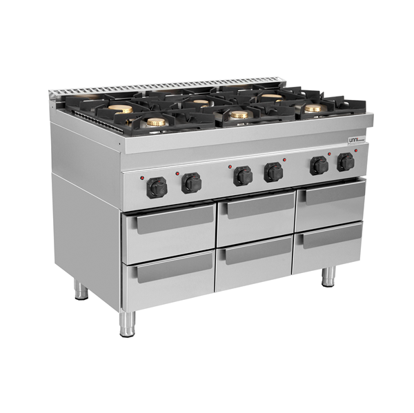 Soubassement inox 6 tiroirs pour appareils gamme 700 - L 1200 x P 700 x H 600 mm - Unninox