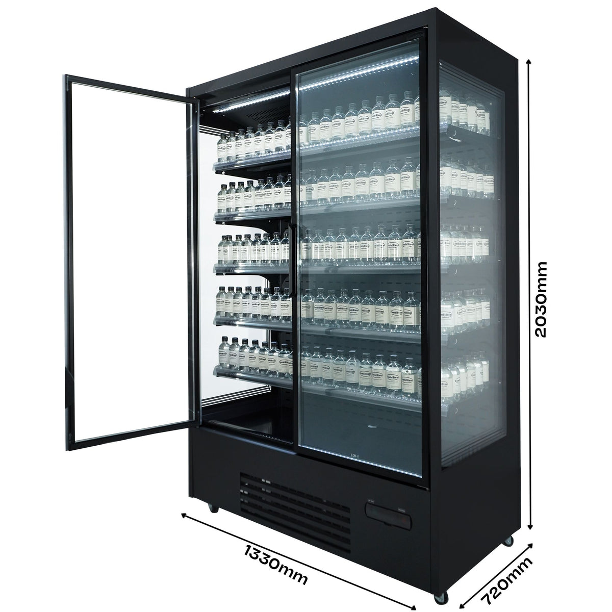 Vitrine murale réfrigérée Luke 1,3 noire, 2 portes vitrées, 1400 L - L 1330 x P 720 x H 2030 mm - Combisteel