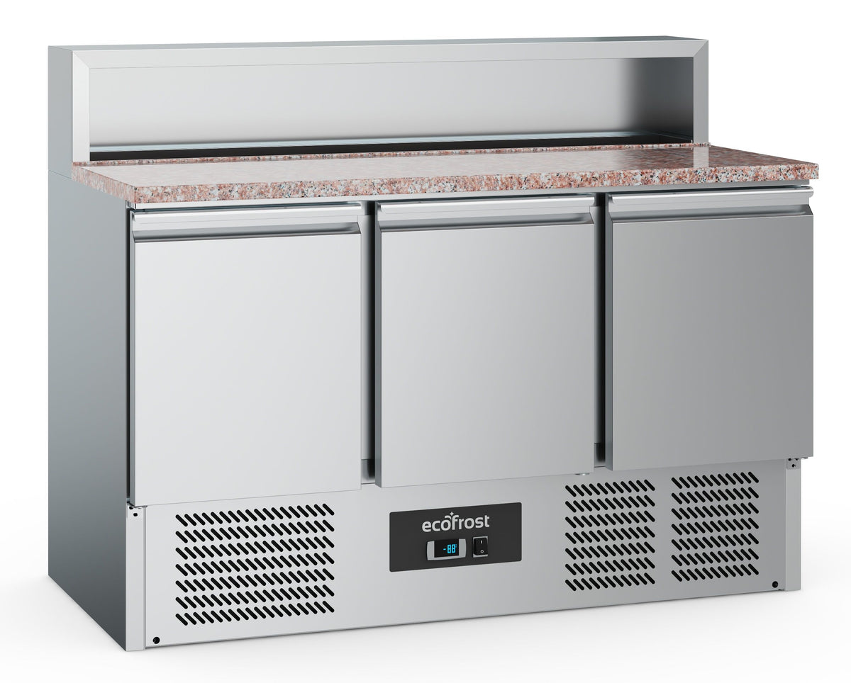 Table de préparation pizza réfrigérée 3 portes, 8 bacs GN 1/6, dessus granit - L 1365 x P 700 x H 1075 mm - Combisteel