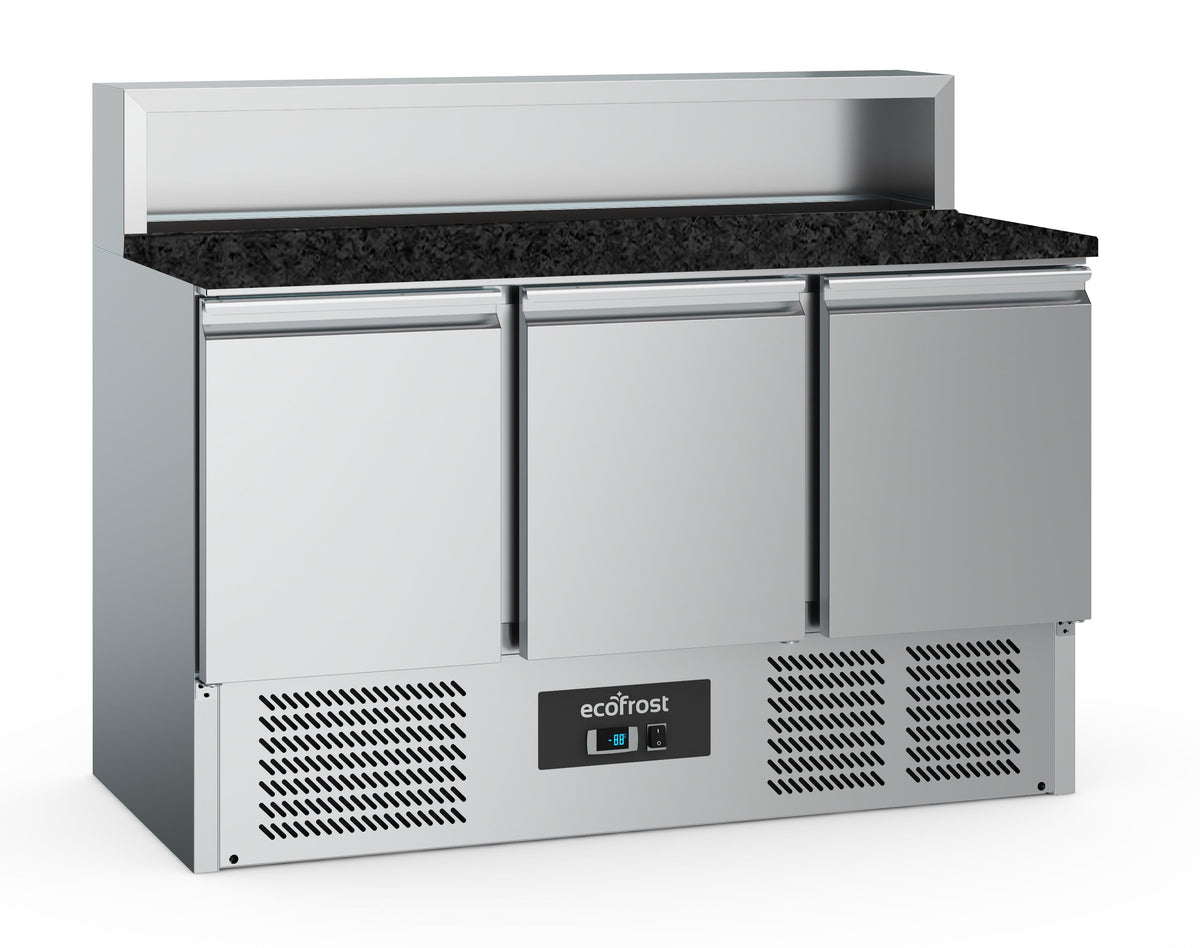 Table de préparation pizza réfrigérée 3 portes, 8 bacs GN 1/6, granit noir - L 1365 x P 700 x H 1075 mm - Combisteel