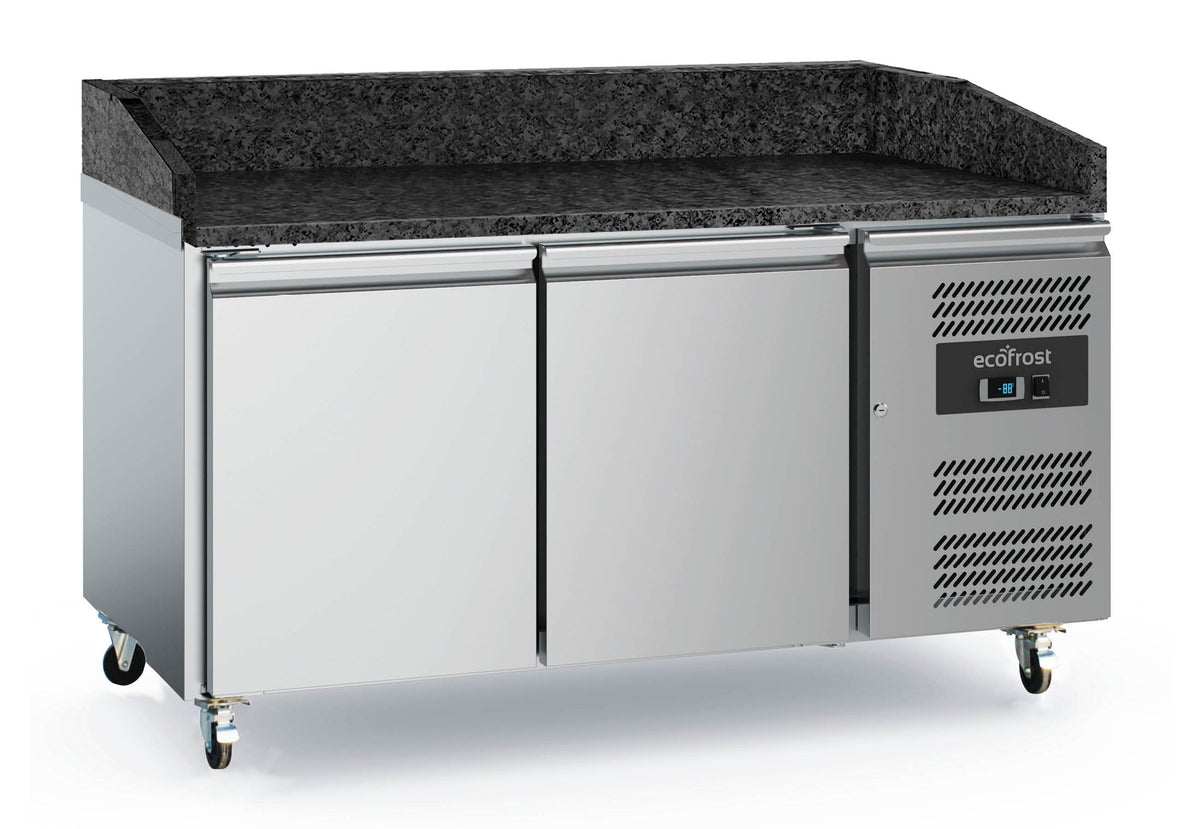 Table de préparation pizza réfrigérée 2 portes sur roues, grilles 600 x 400, granit noir - Combisteel
