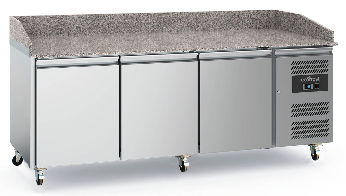 Table de préparation pizza réfrigérée 3 portes, grilles 600 x 400, dessus granit - Combisteel