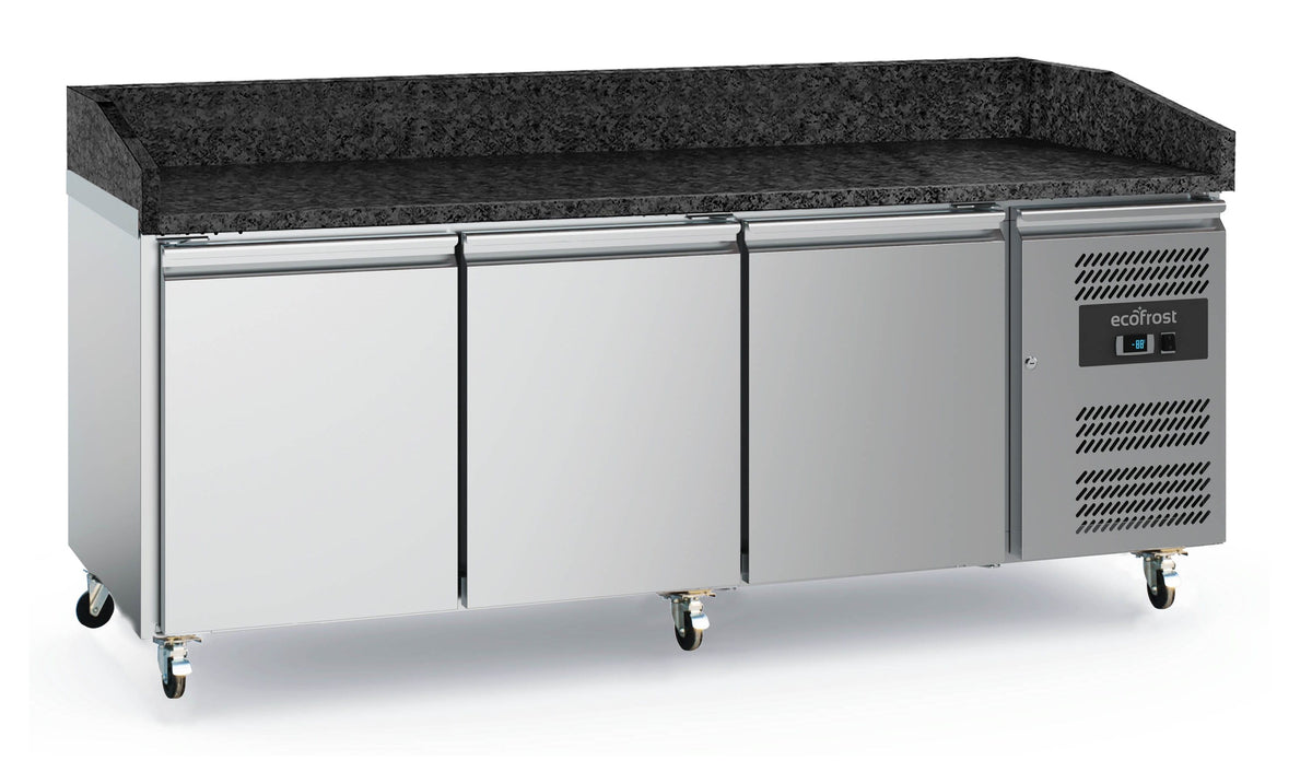Table de préparation pour pizza 3 portes, dessus granit, sur roulettes - L 2020 x P 800 x H 1000 mm - Combisteel