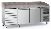 Table de préparation pour pizza 2 portes et 7 tiroirs, dessus granit - L 2025 x P 800 x H 1000 mm - Combisteel