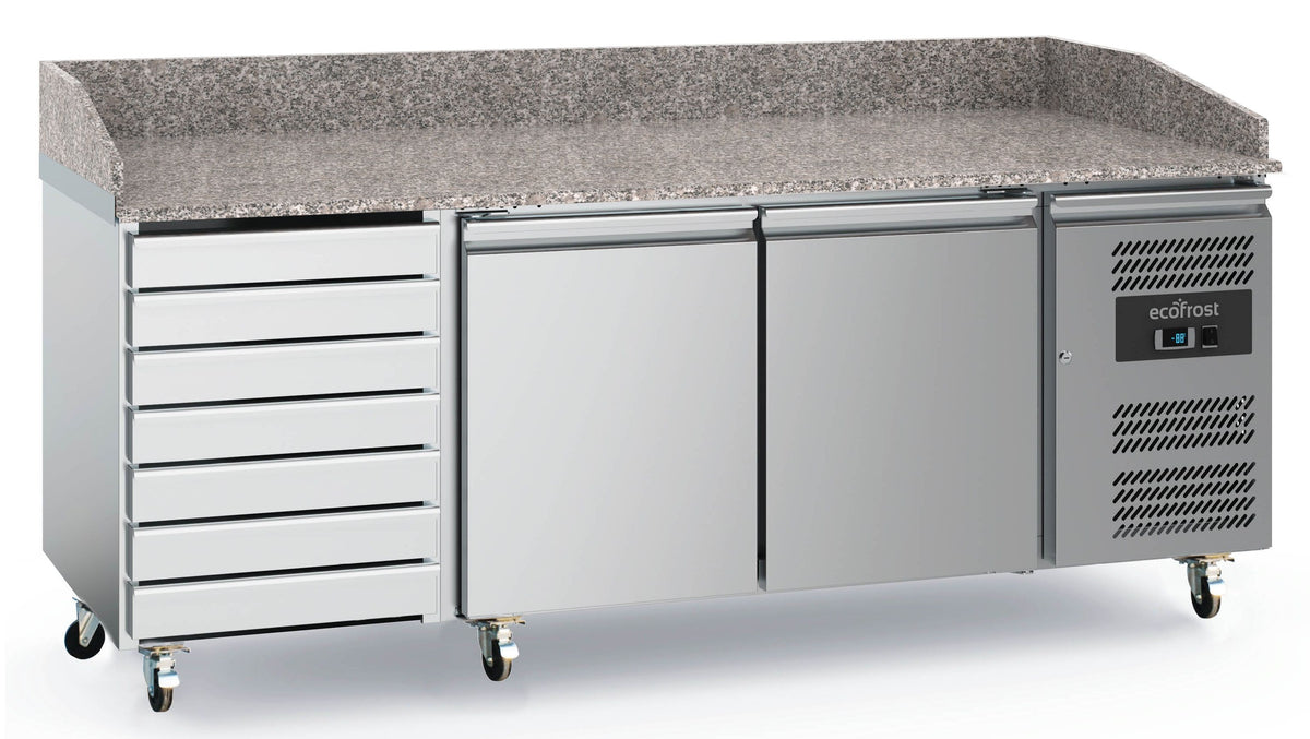 Table de préparation pour pizza 2 portes et 7 tiroirs, dessus granit - L 2025 x P 800 x H 1000 mm - Combisteel