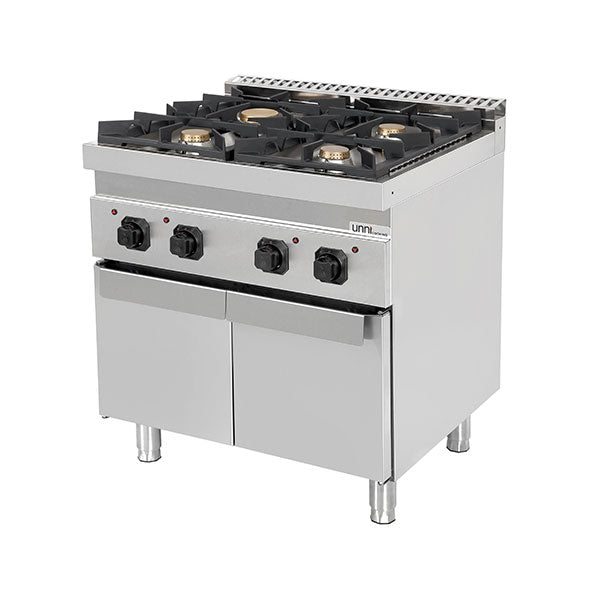 Fourneau gaz sur meuble avec portes 4 feux vifs - 28,5 kW - L 800 x P 700 x H 850 mm - Unninox