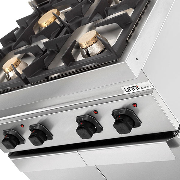 Fourneau gaz sur meuble avec portes 4 feux vifs - 28,5 kW - L 800 x P 700 x H 850 mm - Unninox