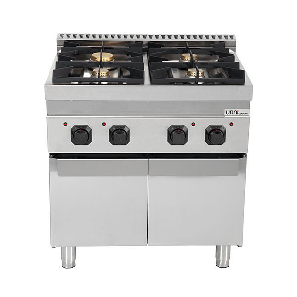 Fourneau gaz sur meuble avec portes 4 feux vifs - 28,5 kW - L 800 x P 700 x H 850 mm - Unninox