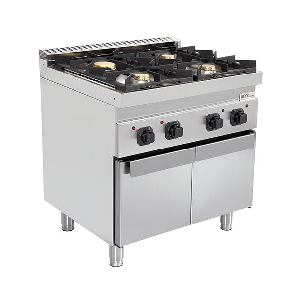Fourneau gaz sur meuble avec portes 4 feux vifs - 28,5 kW - L 800 x P 700 x H 850 mm - Unninox