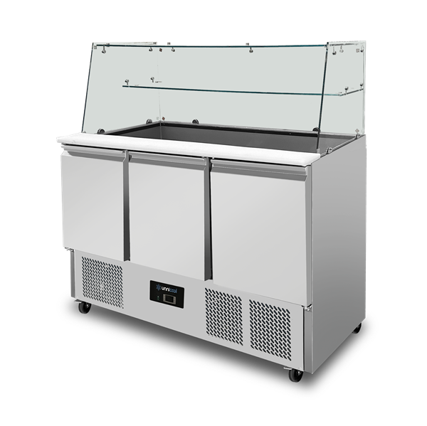 Saladette réfrigérée vitrée - 3 portes - 368 L - froid statique - L 1370 x P 700 x H 850 mm - Unninox