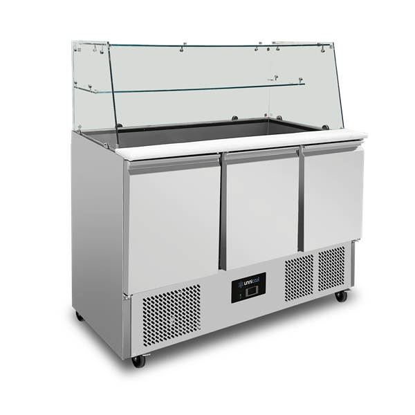 Saladette réfrigérée vitrée - 3 portes - 368 L - froid statique - L 1370 x P 700 x H 850 mm - Unninox