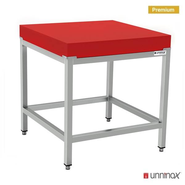 Billot de découpe polyéthylène rouge sur piètement inox - L 700 x P 700 x H 850 mm - Unninox