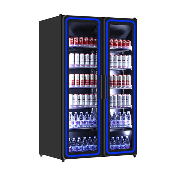 Armoire à boissons vitrée 2 portes - 900 L - éclairage LED bleu - 0 à +10 °C - L 1120 x P 635 x H 1980 mm - Unninox