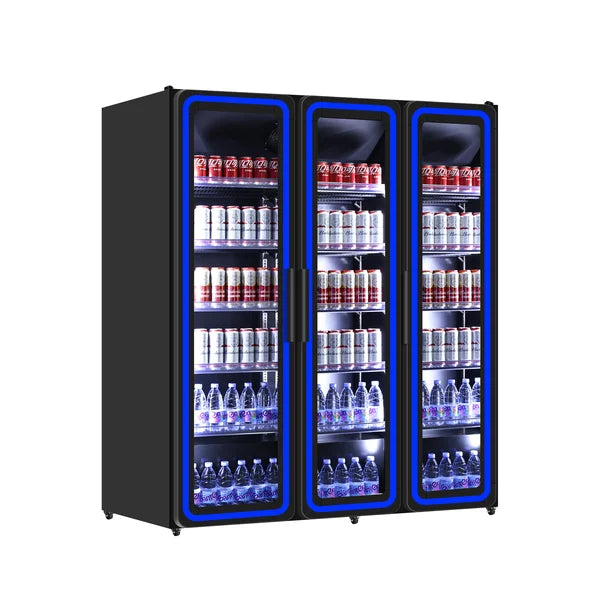 Armoire à boissons vitrée 3 portes - 1190 L - éclairage LED bleu - 0 à +1 °C - L 1680 x P 635 x H 1980 mm - Unninox