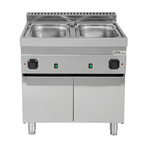 Bain-marie électrique sur meuble 2 cuves GN 1/1 - L 800 x P 700 x H 850/900 mm - 3 kW 230 V - Unninox