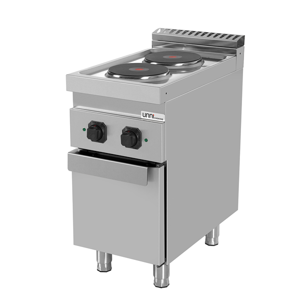 Fourneau électrique sur meuble avec portes 2 plaques fonte - 5,2 kW - 400 V - L 400 x P 700 x H 850 mm - Unninox